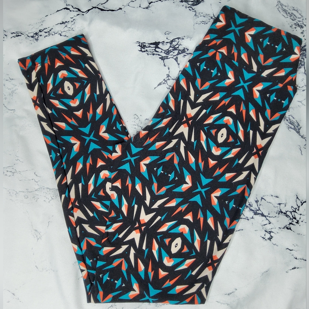 LuLaRoe Leggings Black with Teal, Coral & Cream Geometric Print